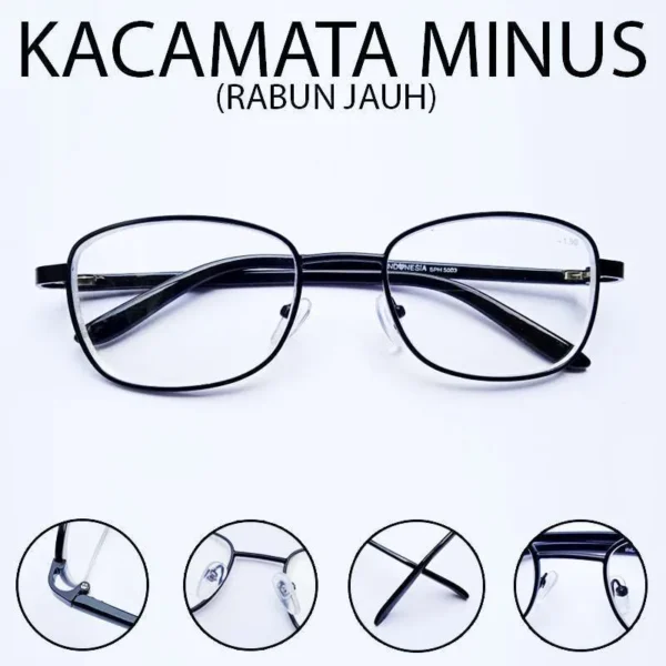 Kacamata Minus Warna Hitam -0.50 sampai -4.00 Rabun Jauh Frame Besi Kotak Kecil
